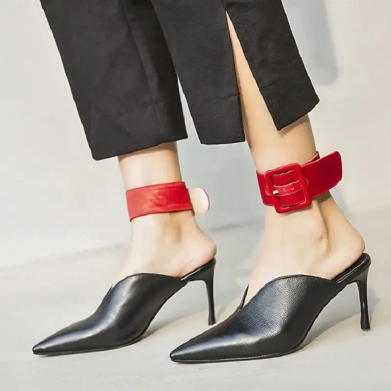 

2018 Hot Summer Shoes Woman Slippers Leather High Thin Heels Pointed Toes Belt Buckle Mules Slippers Fashion Tipe Shoes Woman