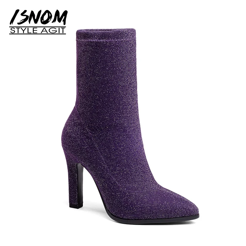 

ISNOM Latest Model Sexy Woman Sock Boot Lady High Heels Ankle Boot Pointy toe Female Autumn Footwear Women Shoe Big Size 34-43