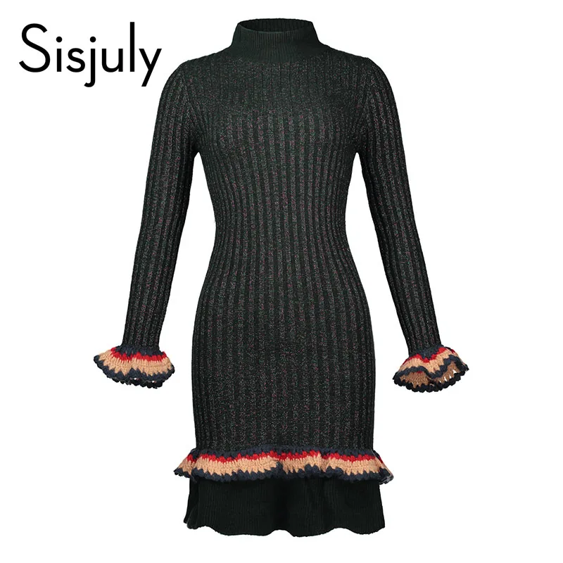 Sisjuly Women S Casual Sweater Long Butterfly Sleeve Stand Collar Ruffles Knitted Mermaid Sweater Dress New