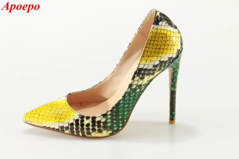 

Sexy Snake Pattern Print Leather Pump High Heel Pointed Toe Mixed Color Dress Shoes Women Slip-on Stiletto Heels Dress Shoes