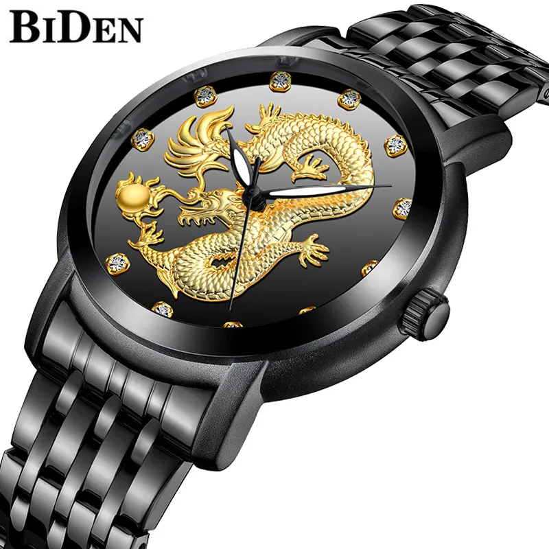 

Men's Fashion Full Stainless Steel Quartz Watch Man Waterproof Dragon Engraved Men Wrist Watch Top Brand Luxury Man Sport Watch