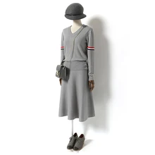 Crop Top And Skirt Set Simple For Casual Bump Stripes, V Collar Shirt, Skirt Length, Long Knitted Suit, Autumn Fashion, Fashion