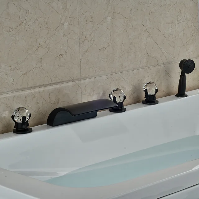 Us 115 2 36 Off Widespread Oil Rubbed Bronze Waterfall Bathroom Tub Faucet W Hand Shower Mixer Tap Crystal Handle In Shower Faucets From Home