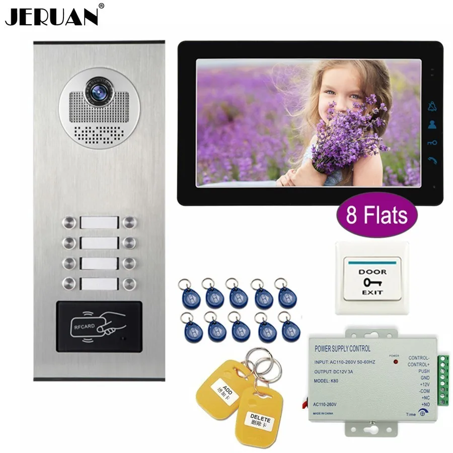 JERUAN для 8households Квартира Проводной 9 дюймов ЖК-дисплей Цвет видео дверь домофон Системы комплект HD RFID Доступа камера