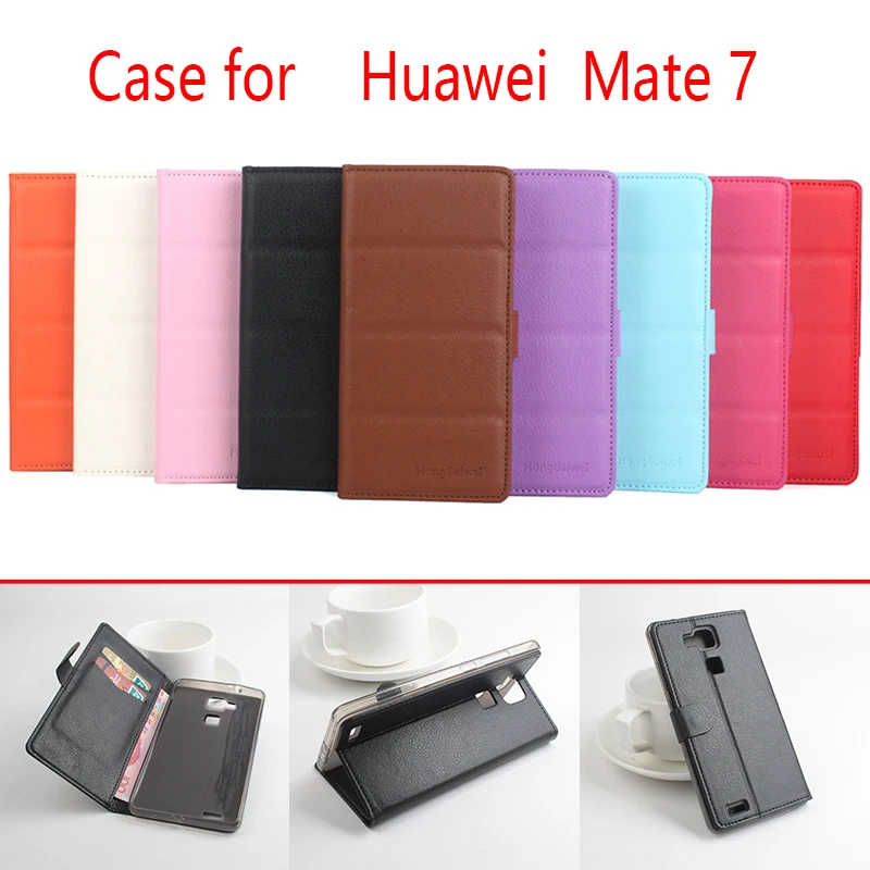 

For Huawei Mate 7 Phone Case Folio Flip Pure Color Lichee Pattern PU Leather Wallet Case Cover Cash/Card Slots