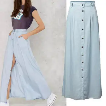

2020 Floor-length Long Skirts For Women Wash Old Single Breasted Denim Skirt High Waist Faldas Largas Elegantes Free Shipping