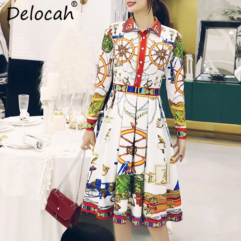 

Delocah Autumn Women Dress Runway Fashion Designer Long Sleeve Gorgeous Crystal Beading Vintage Printed Pleated Dresses