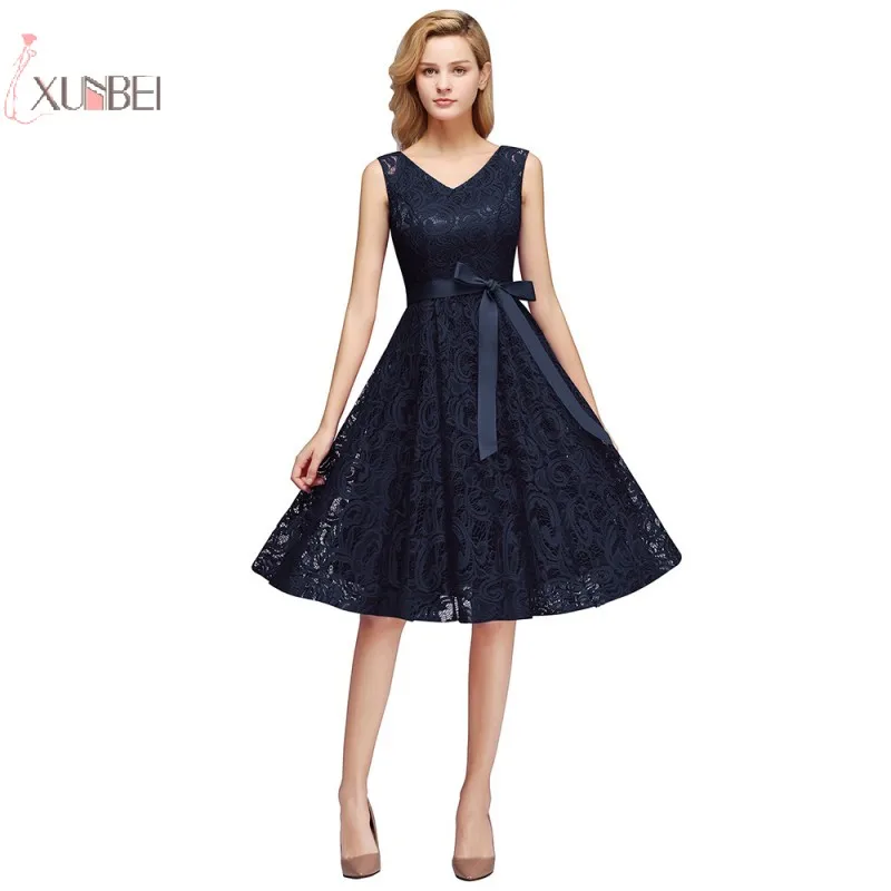 

Elegant Sexy V Neck Navy Blue Short Lace Evening Party Dress 2019 A line Sleeveless Evening Gown robe de soiree