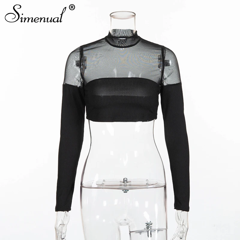 Simenual Patchwork mesh t-shirt female crop top 2018 fashion transparent sexy black t shirt women long sleeve slim t-shirts tops
