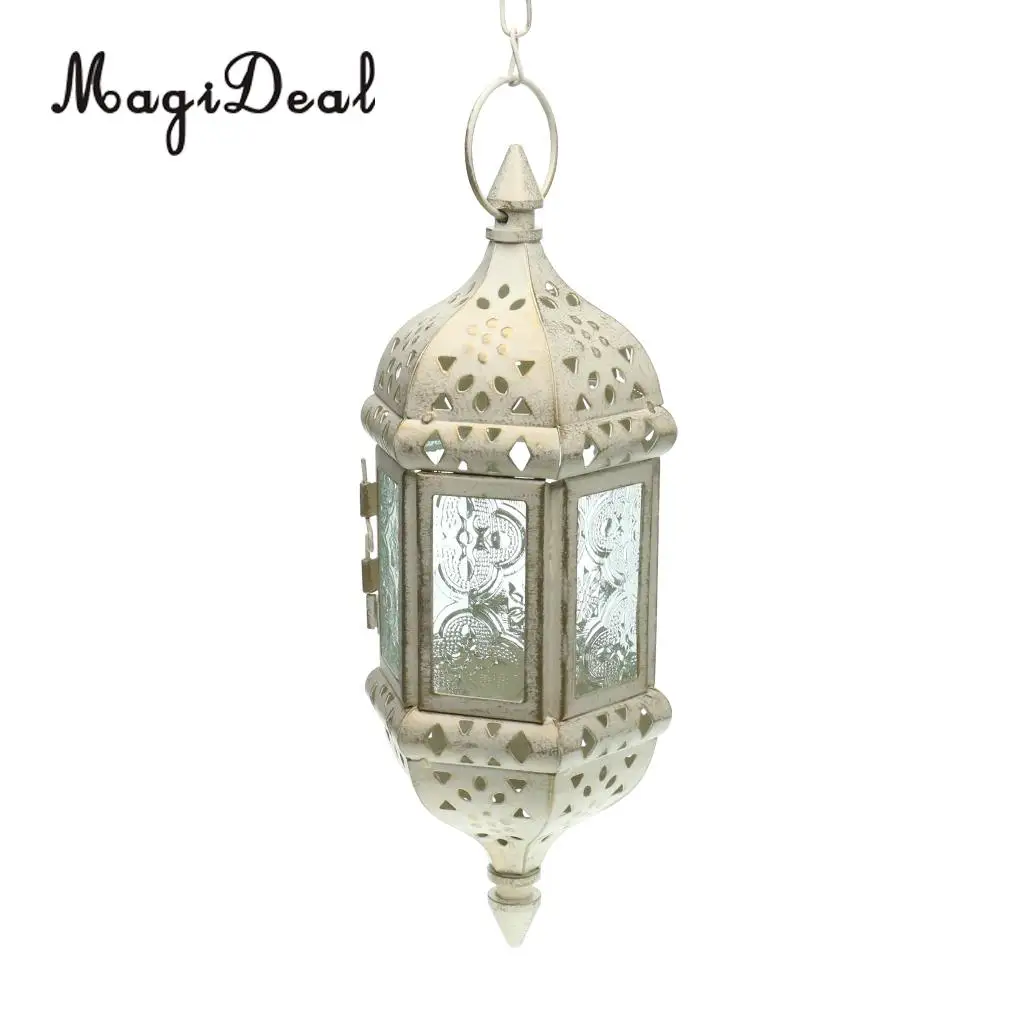 2pcs Glass Hanging Moroccan Candle Lanterns Wind Light Candle Lamp Candleholder with 66cm Iron Chain