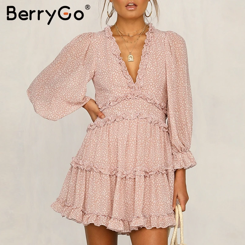 BerryGo Boho цветочный принт женское платье сексуальное v образный вырез открытая