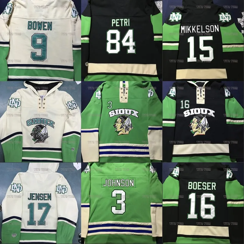 

9 Dixon Bowen North Dakota Fighting Sioux Hoodies 15 Mikkelson 16 Brock Boeser 17 Jensen Petri Hockey Jersey Hoodie Sweater