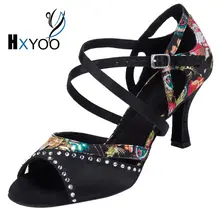 HXYOO 2017 Rhinestone Salsa Shoes For Dance Latin Women Ballroom Shoes Sandal Ladies Satin Soft Sole Floral Black WK021