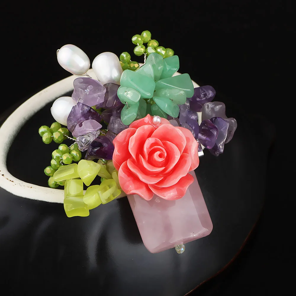 

FARLENA Jewelry Unique Design Handmade Natural stone Boutique Brooches Vintage Pink Crystal Freshwater Pearls Brooch Pins
