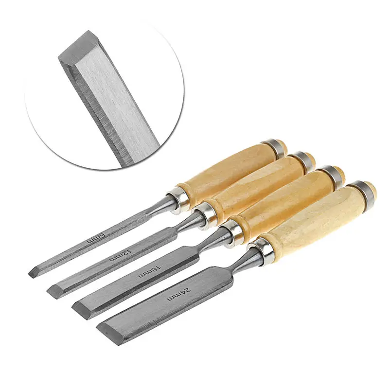 4Pcs/set 6/12/18/24mm Wood Flat Chisel DIY Carving Set Woodworking Handle Tool
