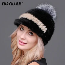 Кепки для женщин Мех животных Шапки для Для женщин реального норки Мех животных Для женщин вязать Кепки с лисой Мех животных помпоном Многоцветный Полосатый зимняя шапка для Обувь для девочек