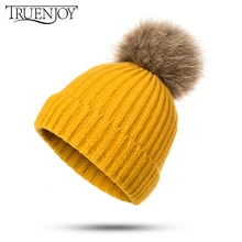 TRUENJOY Толстая теплая зимняя женская шапка вязаные шапочки шапка с помпоном мягкая удобная Skullies шапочки шапка