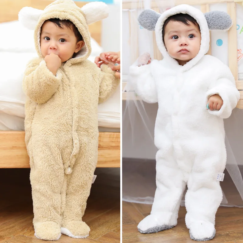 Winter Soft Babies Newborn Baby Clothes Bear Baby Girl Boy Romper Coral Fleece Warm Hooded Plush Jumpsuit Animal Overall