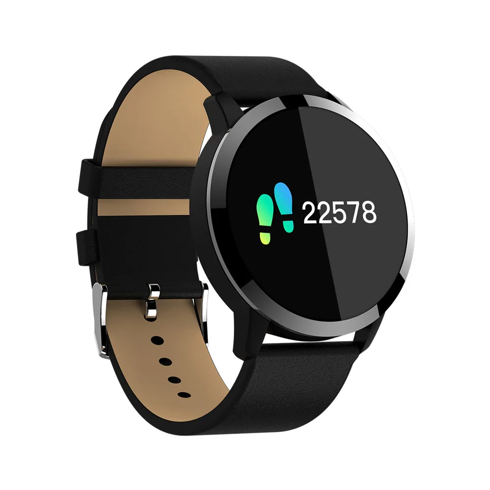 Новые Q8 Смарт часы OLED цветной экран нержавеющая сталь Водонепроницаемый Носимых устройств Smartwatch наручные часы для мужчин женщин фитнес трекер - Цвет: Leather band-Black
