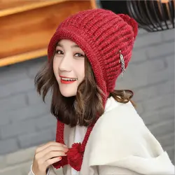 2018 Новая женская вязаная шапка осень-зима модная Ушная шапка женская 3 шариковая Милая теплая шапка Брендовые женские шапочки