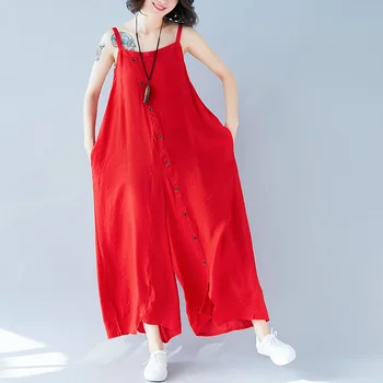 

2019 summer new red women jumpsuits loose long lady elegant cotton and linen wide leg pant causal lady outwear top quality