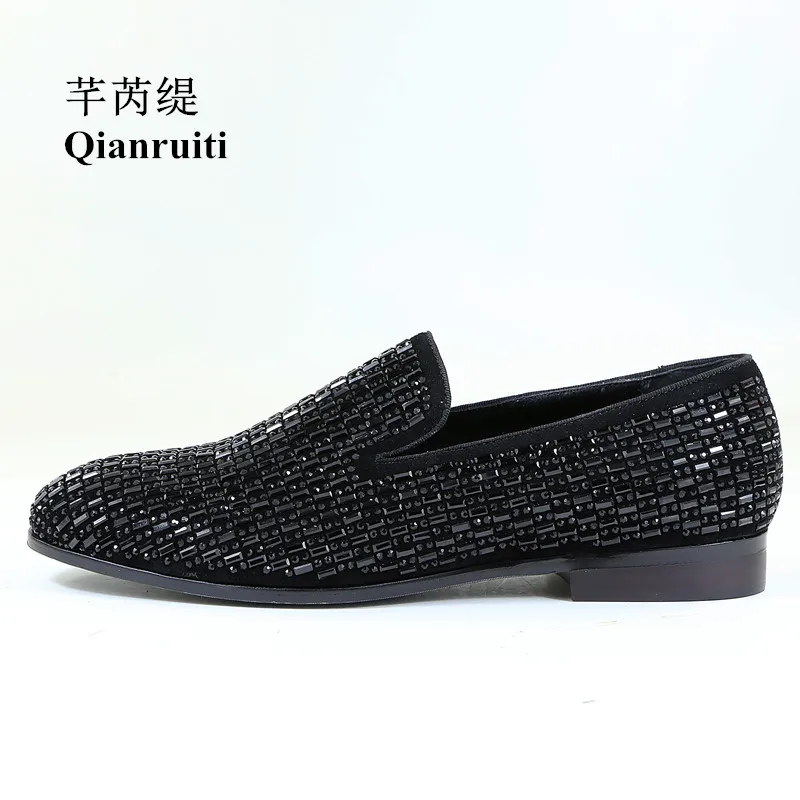 Qianruiti Men Black Strass Shoes Slip-on Loafers Rhinestone Flat Italy Street Casual Shoes for Men EU39-EU46