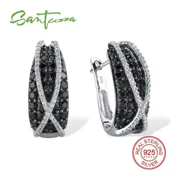 SANTUZZA Jewelry Set For Women Natural Black-Spinels Stones Sparkling luxury Ring Earrings Set 925 Sterling Silver Jewelry Set