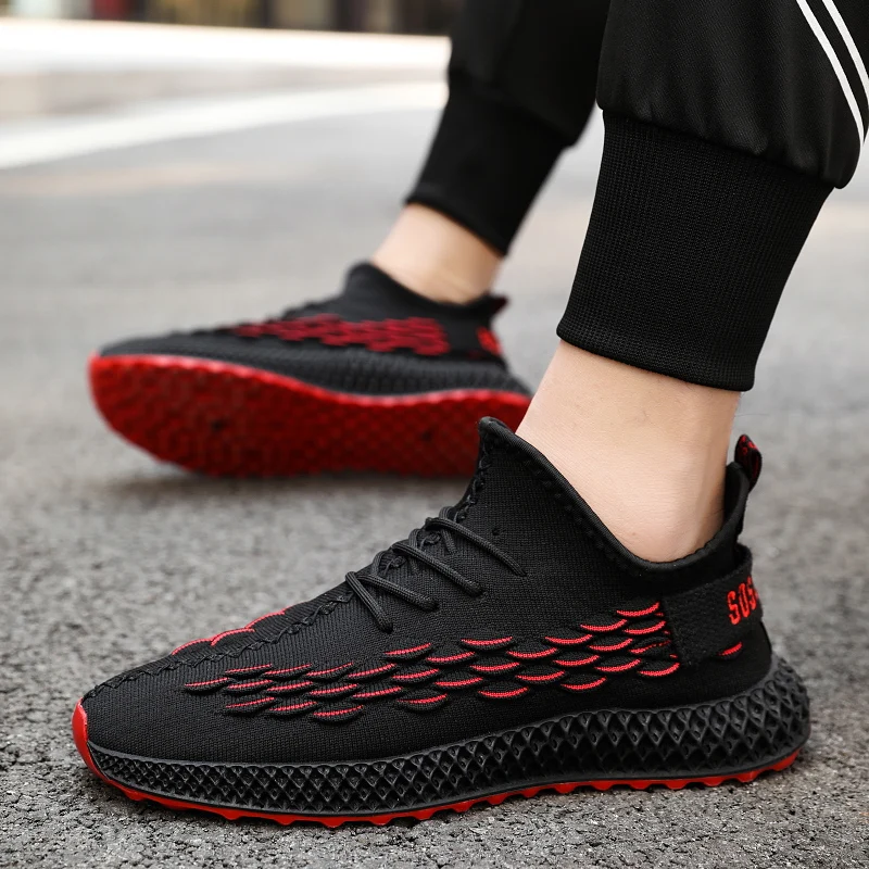 Breathable Running Shoes For Man Mesh Slip On Sneakers Shoes Lace Up Men Jogging Shoes Outdoor Sneakers Casual Sports Black Red