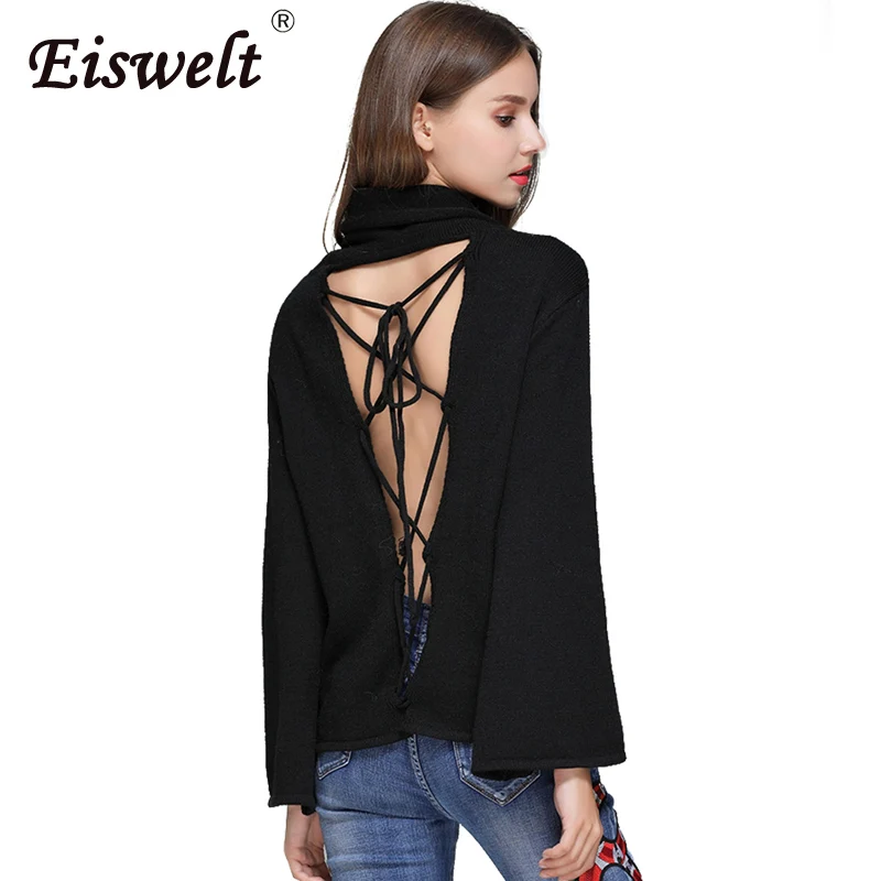 

Autumn New Arrivel Back open Women Sweater Knitted High Quality Women Turtleneck Speaker Sleeves Wrap Women Tops 2018