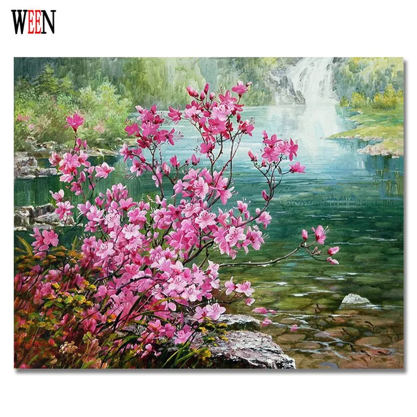 

WEEN Flower Pictures By Numbers Kits Acrylic On Canvas DIY Digital Waterfall Oil Painting Wall Pictures For Living Room Gift