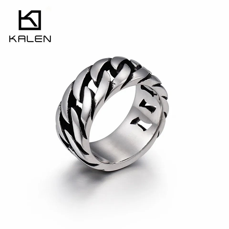 

KALEN Silver Cuban Link Chain Rings For Men Size 8-12 Stainless Steel High Polished 10mm Chain Link Finger Rings Cheap Jewelry