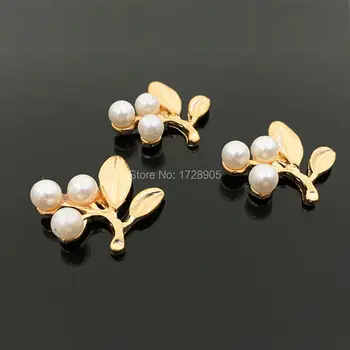 

Pearl Leaf flower 10pcs 21x22mm Flat Back Gold Plated Pearls Flower Leaf Button Embellishment For Hair Bow Center girl nail