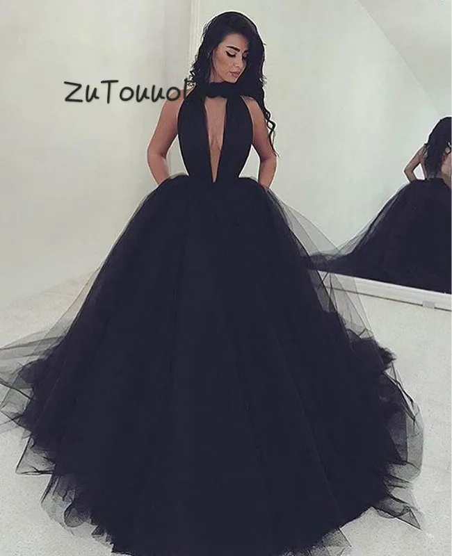 Vintage Open Front Ball Gown Prom Dresses Halter Black Tulle Poofy Backless Formal Evening Gowns Long Plus Size Special Occasion Dress 2019