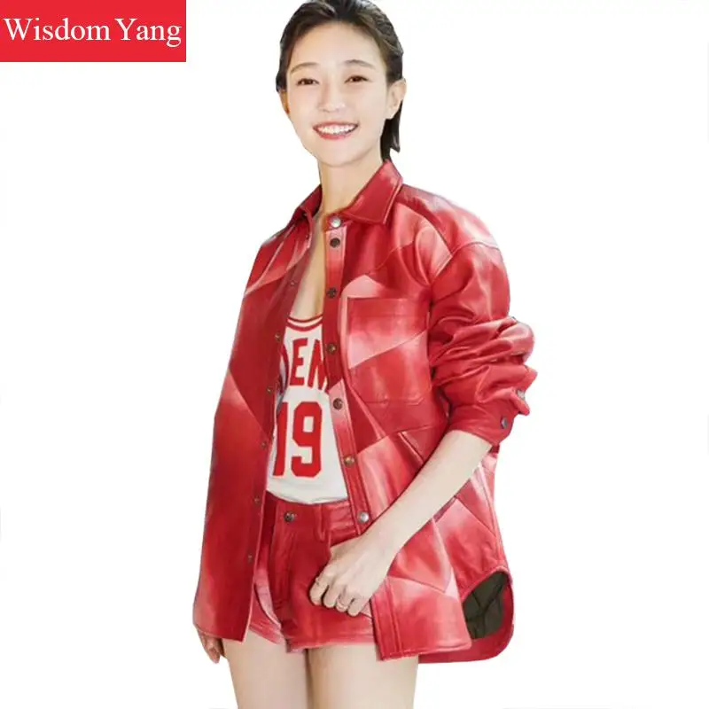 Red Real Sheepskin Genuine Leather Coats Women Oversize Loose Punk Office Ladies Elegant Overcoat Jackets Trench Coat Outerwear