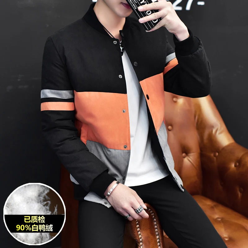 

Men stitching color jacket short slim size baseball thickened Korean male teenager coat collar