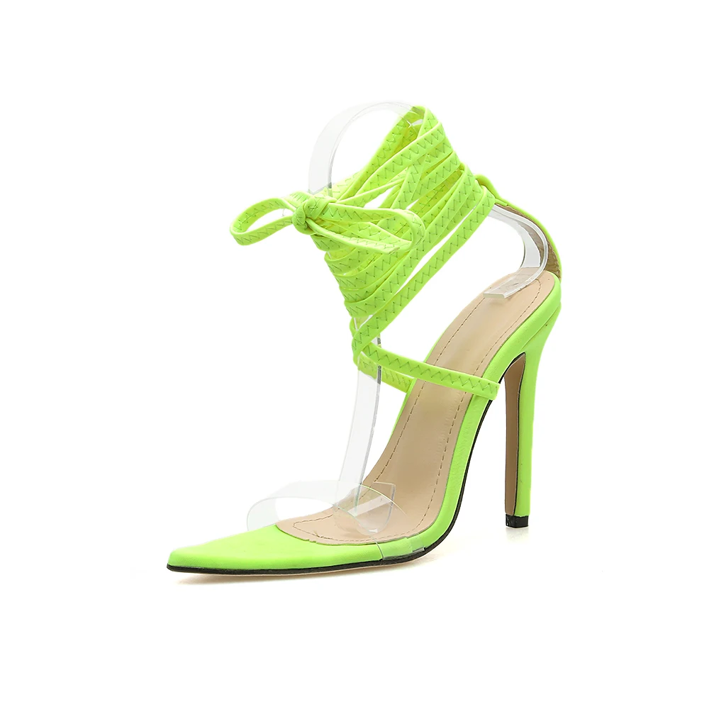 JINJOE Shoes Women Cross-tied Sandals Rome Heels Sexy pumps Stiletto Gladiator Fluorescent green pink Plus large size 43 Nylon