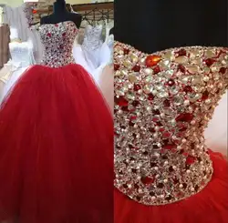 Красное Длинное рождественское бальное платье без бретелек Quinceanera Пышное Бальное Платье принцессы Королевский Тюль Бисер плиссированные