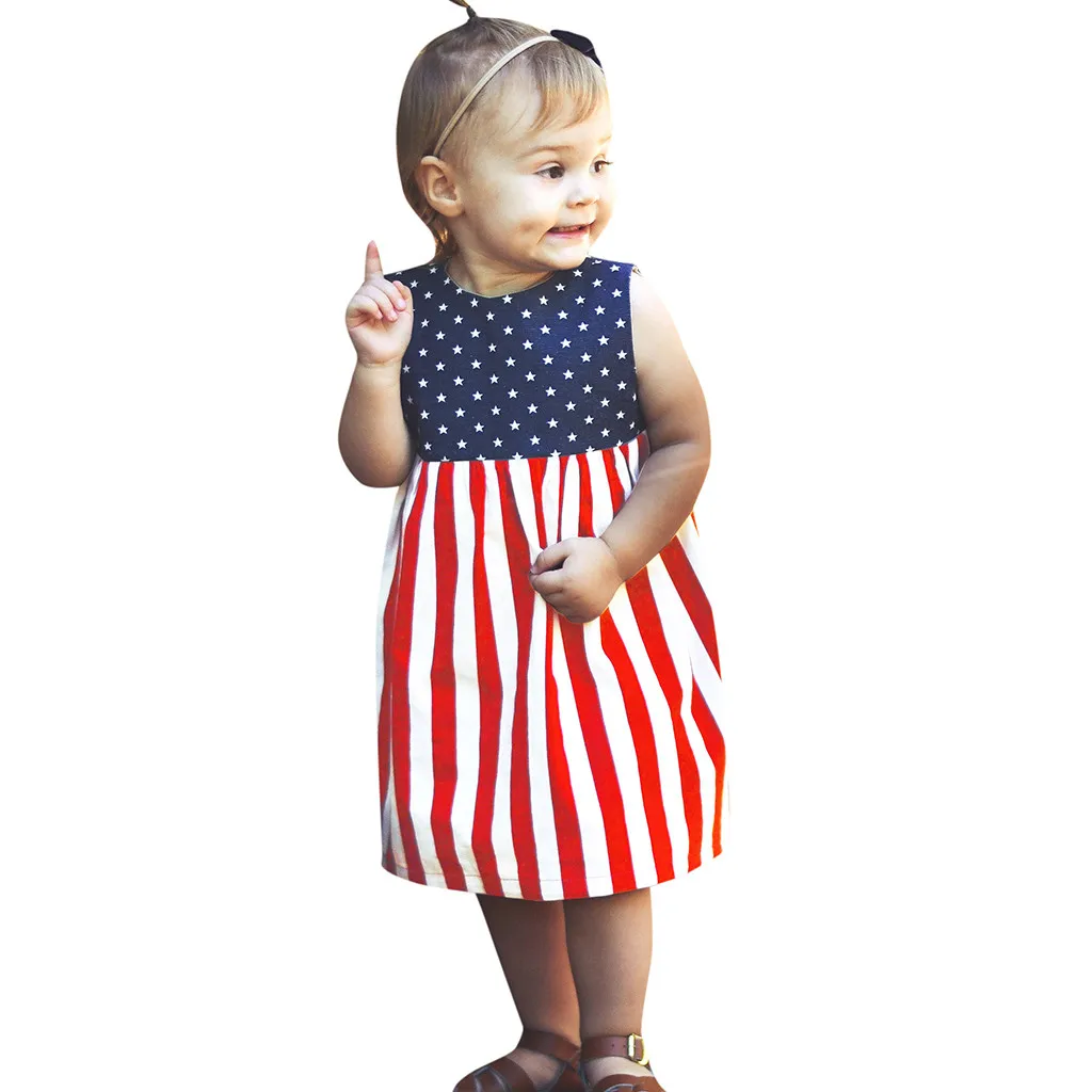 Summer New Fahion Toddler Baby Girls 4th of July Stars and Stripe Print Patriotic Dress Clothes