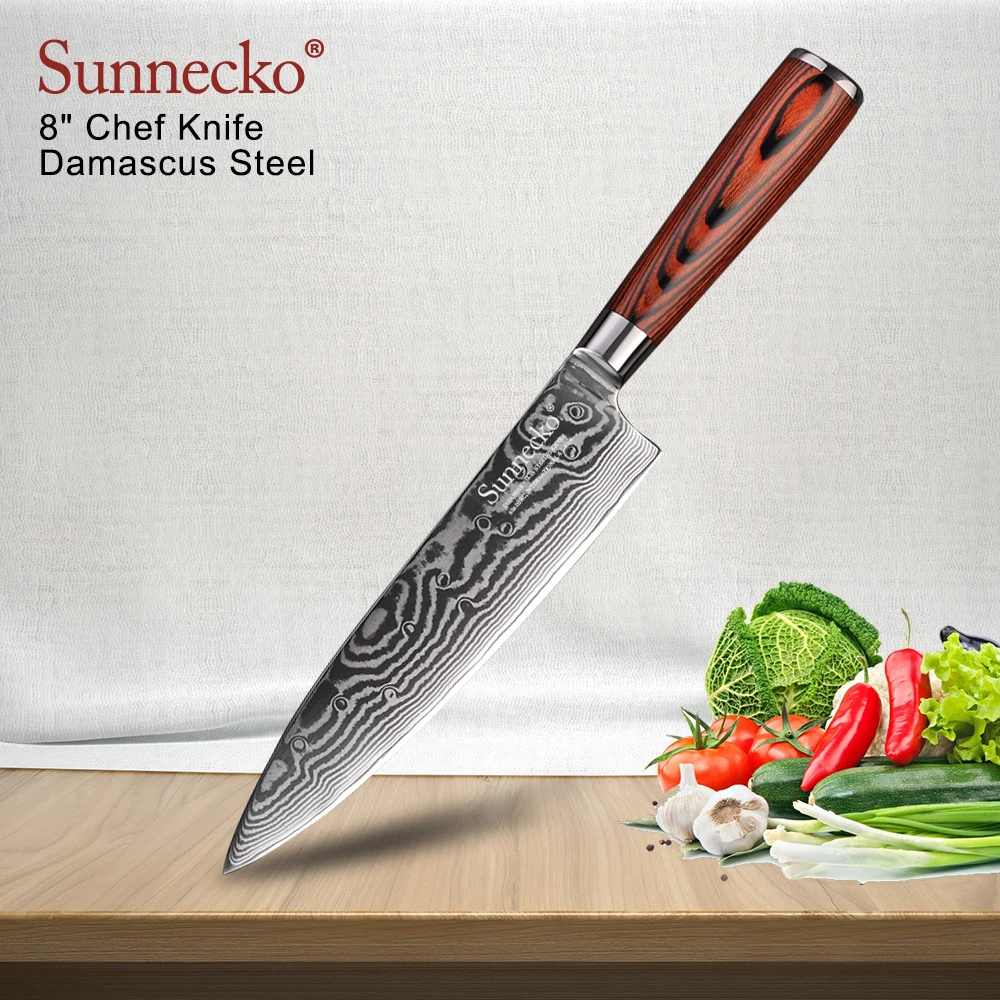 Нож шеф повара SUNNECKO из дамасской стали Профессиональный кухонный резак 8 дюймов