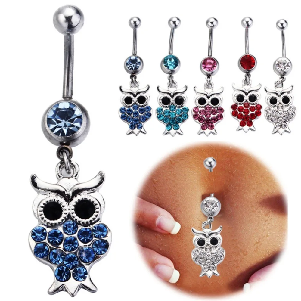 Summer Bikini Belly Button Rings Crystal Cute Owl Navel Piercing Ring 