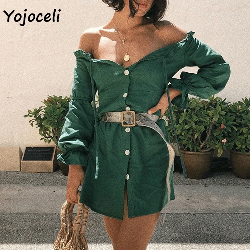 Yojoceli 2018 сексуальное с открытыми плечами гофрированное платье на пуговицах