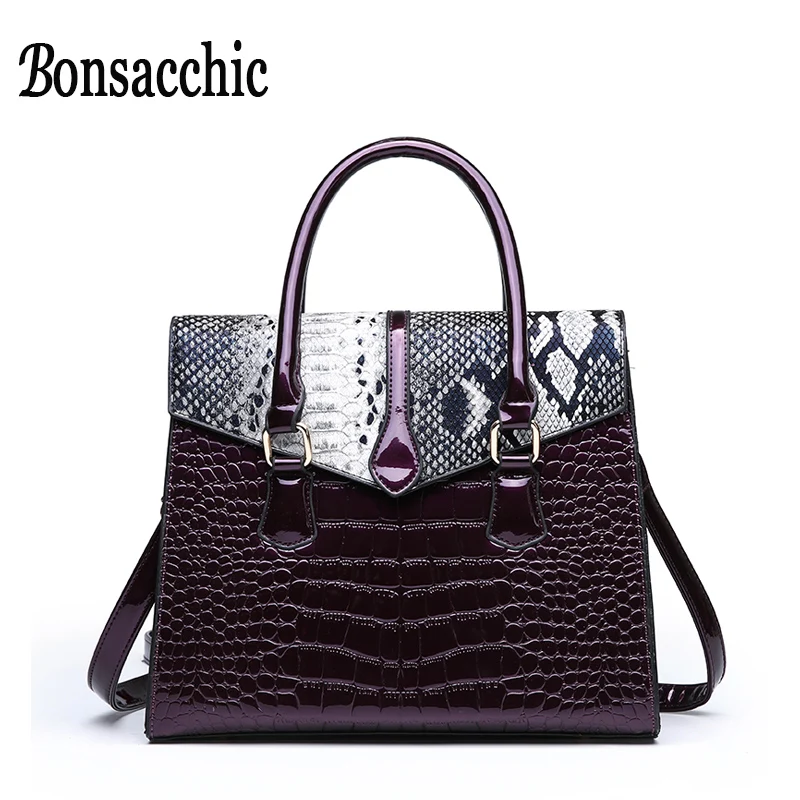 Bonsacchic женские лакированные кожаные сумки со змеиным принтом роскошные
