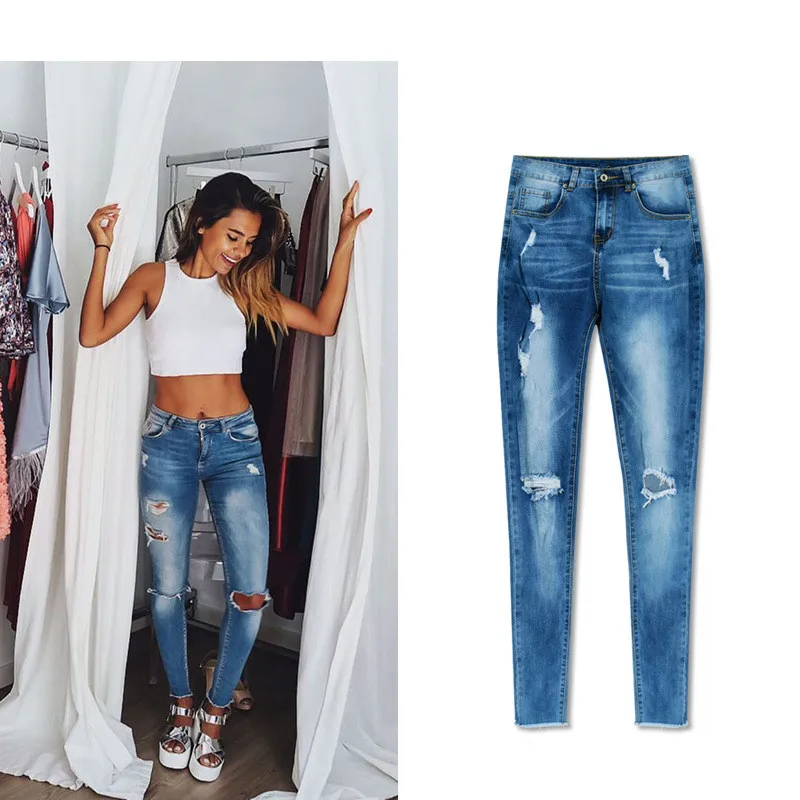 Jeans High Waist Ripped Hole Women Boyfriend Jeans Navy Blue Cotton Skinny Denim Push Up Bleached Fashion Female Jeans Femme (17)