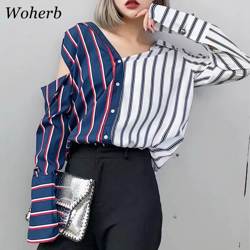 Женская блузка в полоску Woherb свободная ассиметричная длинная рубашка с