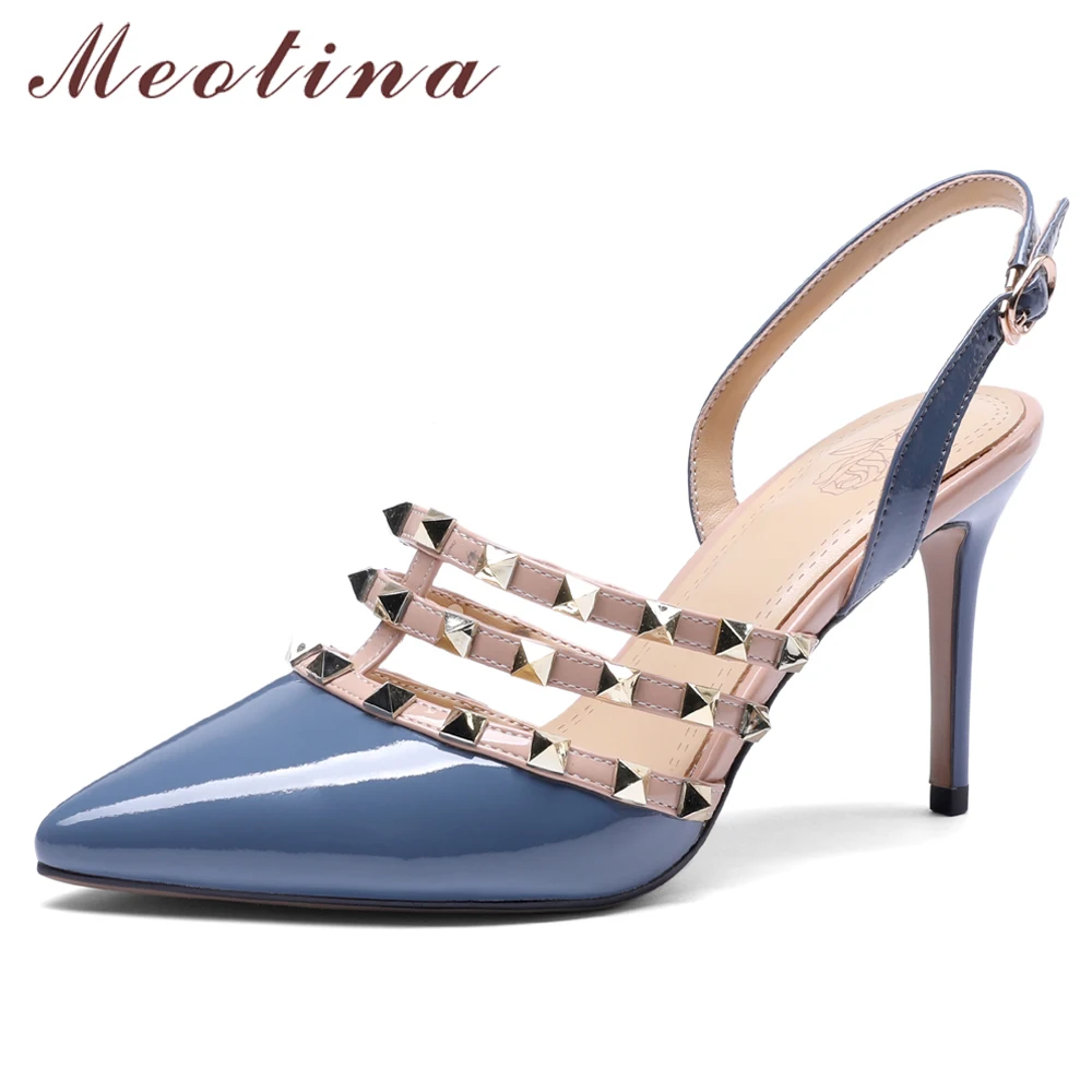 

Meotina Women Pumps High Heels Natural Cow Leather Rivets Stiletto High Heel Slingbacks Shoes Buckle Pointed Toe Shoes Ladies 39