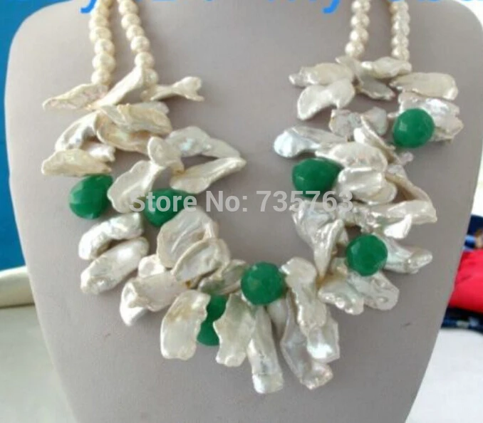 

HOT 0014309 White Oval & Petal Keishi keshi Pearl Green Faceted Drip Jade Necklace