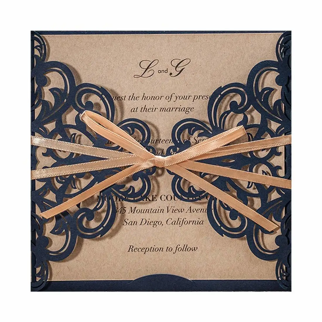 50Pcs Blue Laser Cut Wedding Invitations Cards Happy Birthday Gift Greeting Card with Envelopes and Handmade Ribbon Decorations | Дом и сад