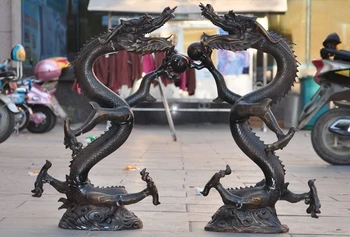 

Old Chinese Fengshui Bronze lucky Aniaml Dragon Play Bead Statue sculpture Pair