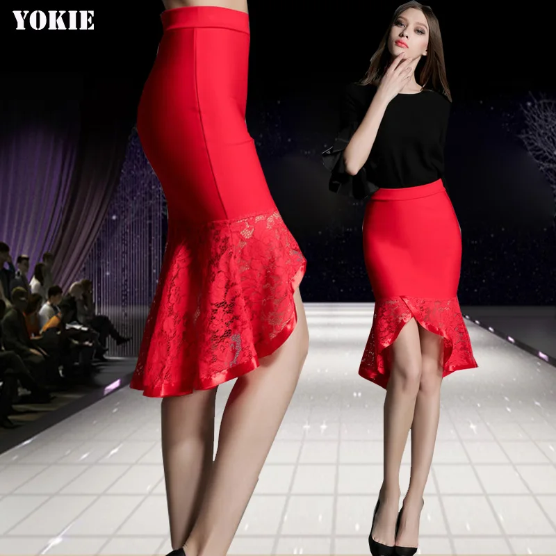 Женские юбки больших размеров с высокой талией, кружевные повседневные юбки Русалочки, офисные юбки-карандаш faldas mujer, женские красные юбки
