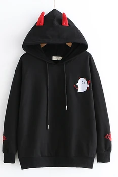 

2019 New Style Anime Cosplay Partysu Cute Little Devil Embroidery Long Sleeve Loose Hooded Hoodies Unisex Student Spring Wear